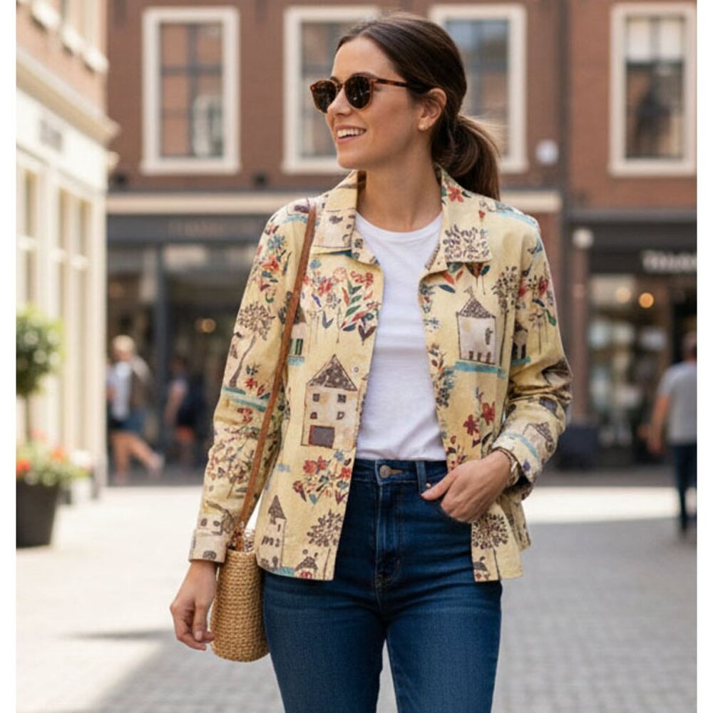 Chico's Design Denim Jacket Whimsical Floral House Print Size M/L